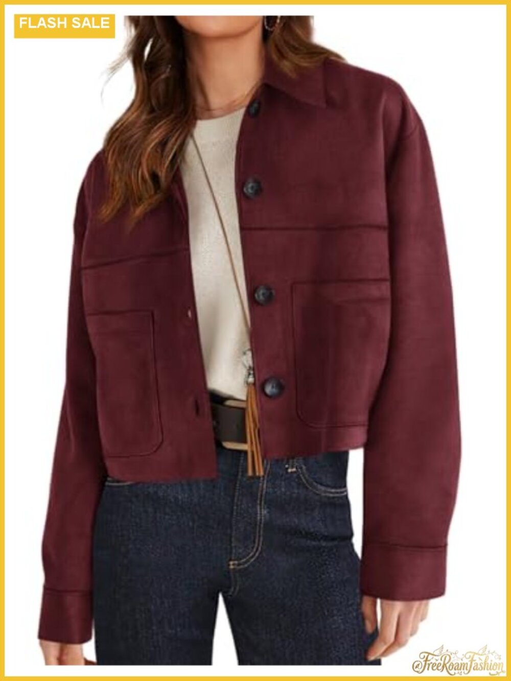 Faux Suede Lightweight Cropped Jacket Aviator Style Button Front